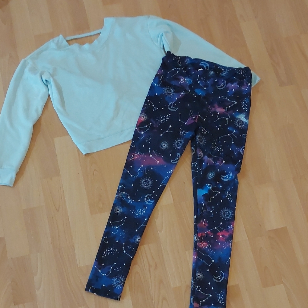 Sugar & Jade Kids Galaxy Print Leggings Size 12/14 and Open Back  Shirt Size 10